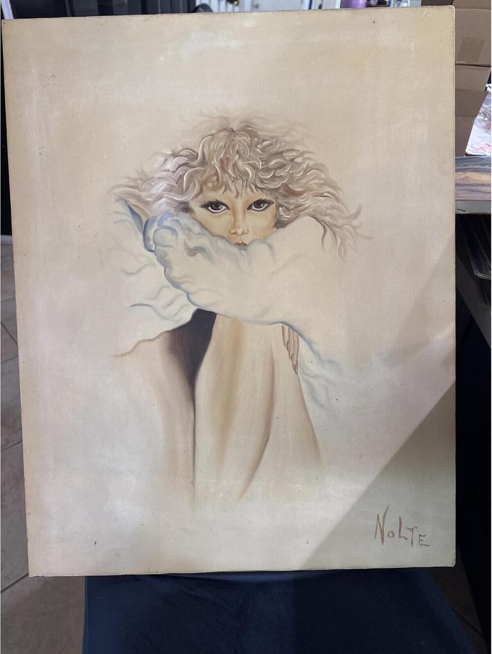 Original Signed Nolte Surrealist Painting of Woman with Curly Hair